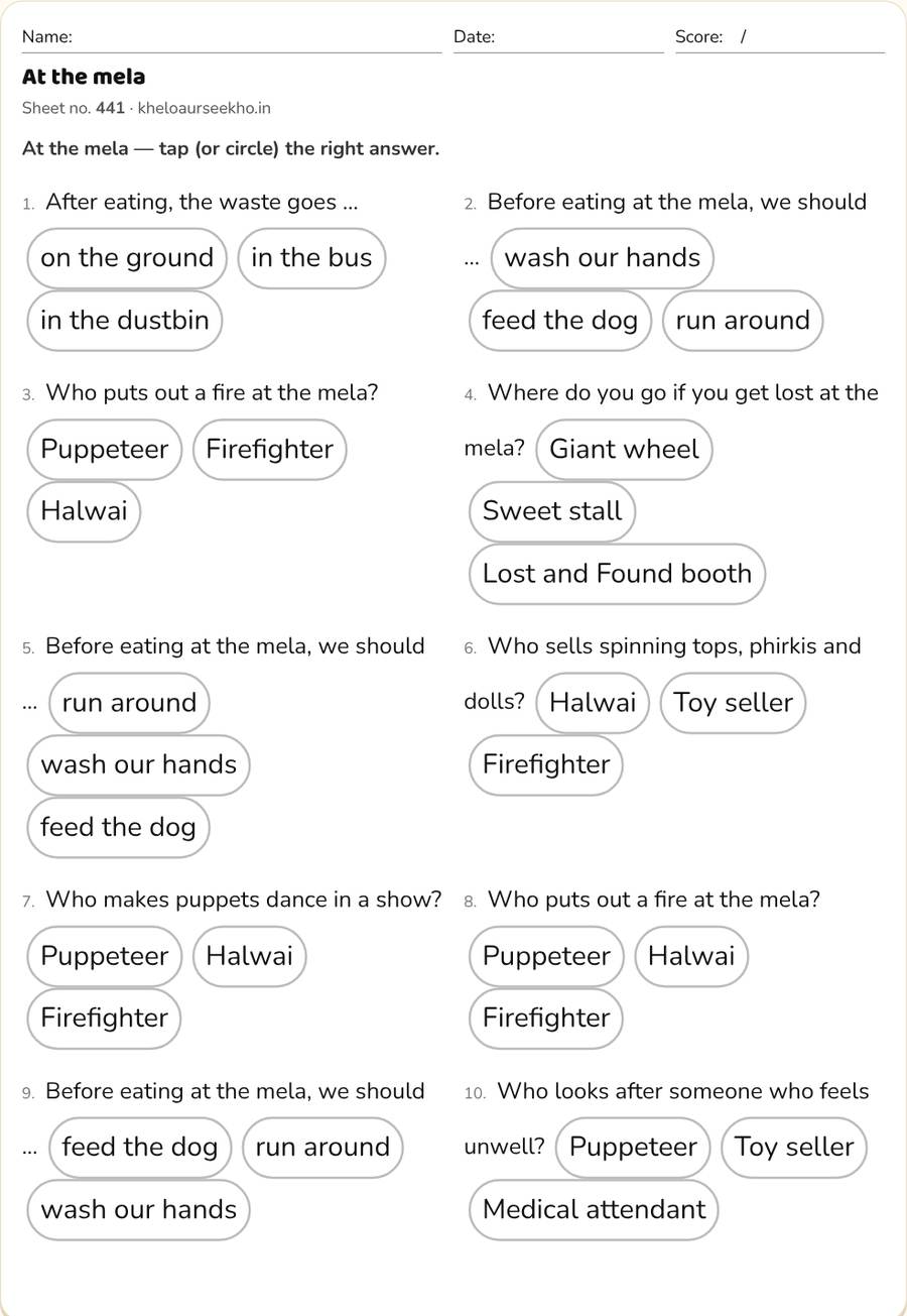 At the mela Worksheet for Class 3 — printable preview