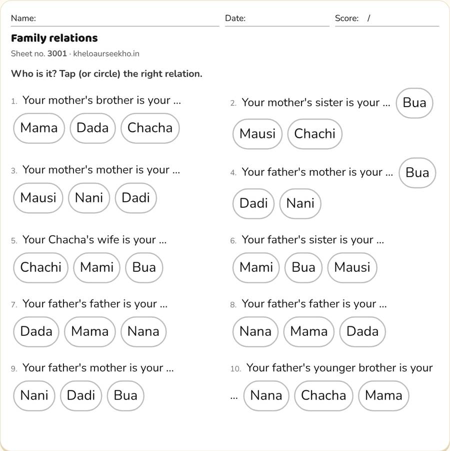 Family relations Worksheet for Class 3 — printable preview