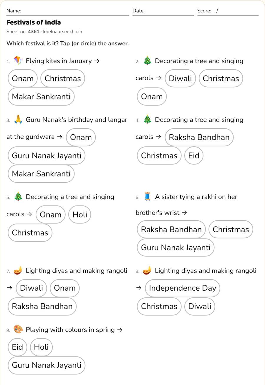 Festivals of India Worksheet for Class 3 — printable preview