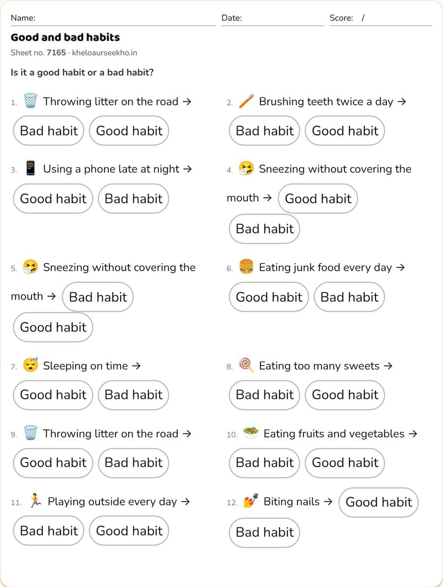 Good and bad habits Worksheet for Class 3 — printable preview