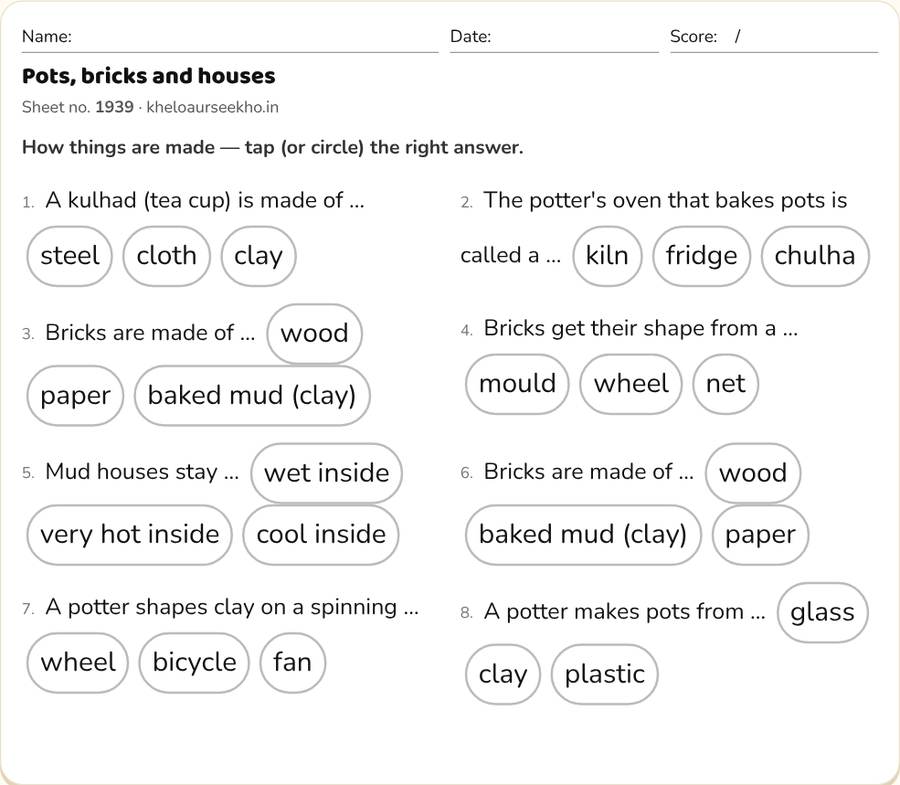 Pots, bricks and houses Worksheet for Class 3 — printable preview