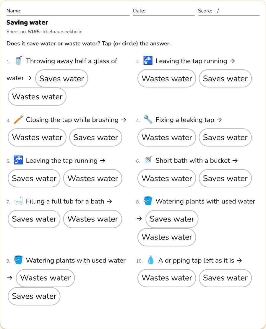 Saving water Worksheet for Class 3 — printable preview