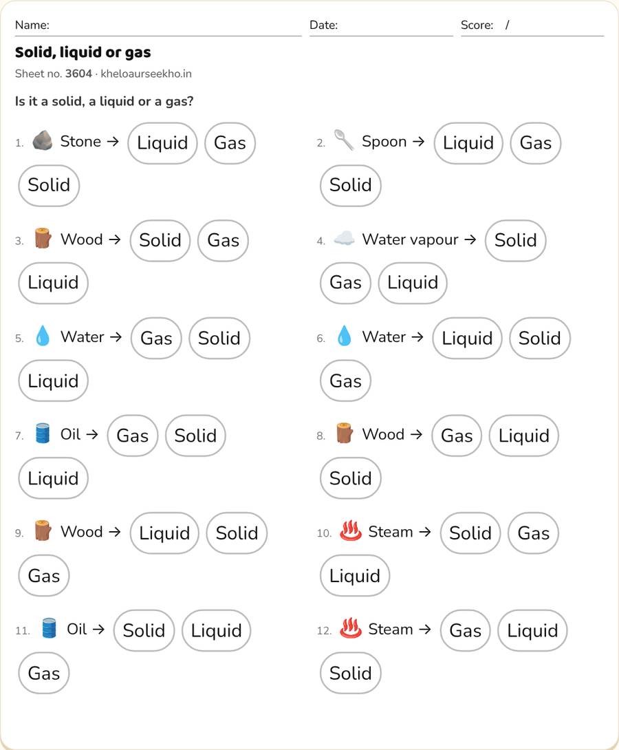 Solid, liquid or gas Worksheet for Class 3 — printable preview