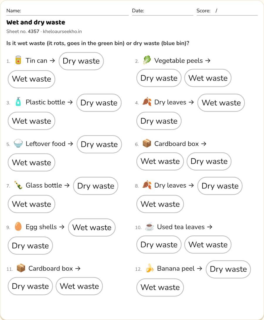 Wet and dry waste Worksheet for Class 3 — printable preview
