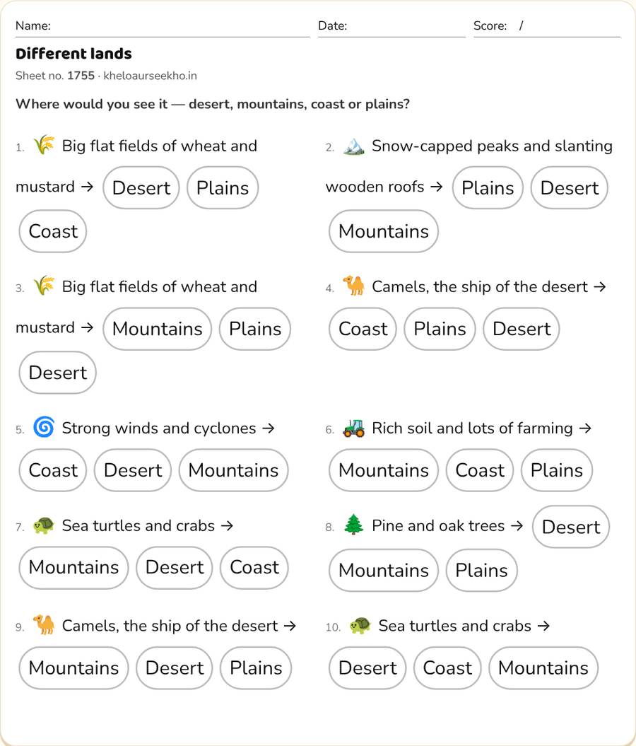 Different lands Worksheet for Class 4 — printable preview