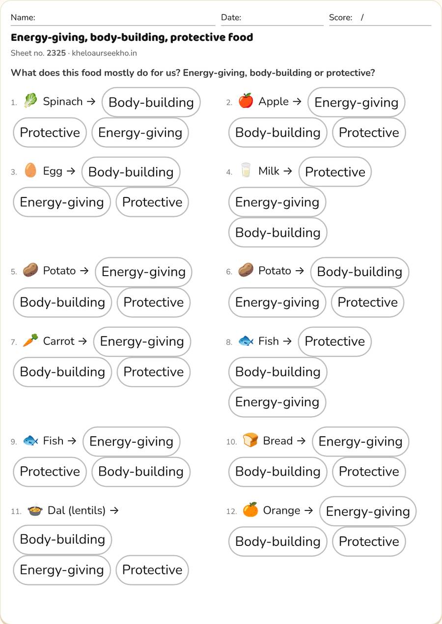 Energy-giving, body-building, protective food Worksheet for Class 4 — printable preview