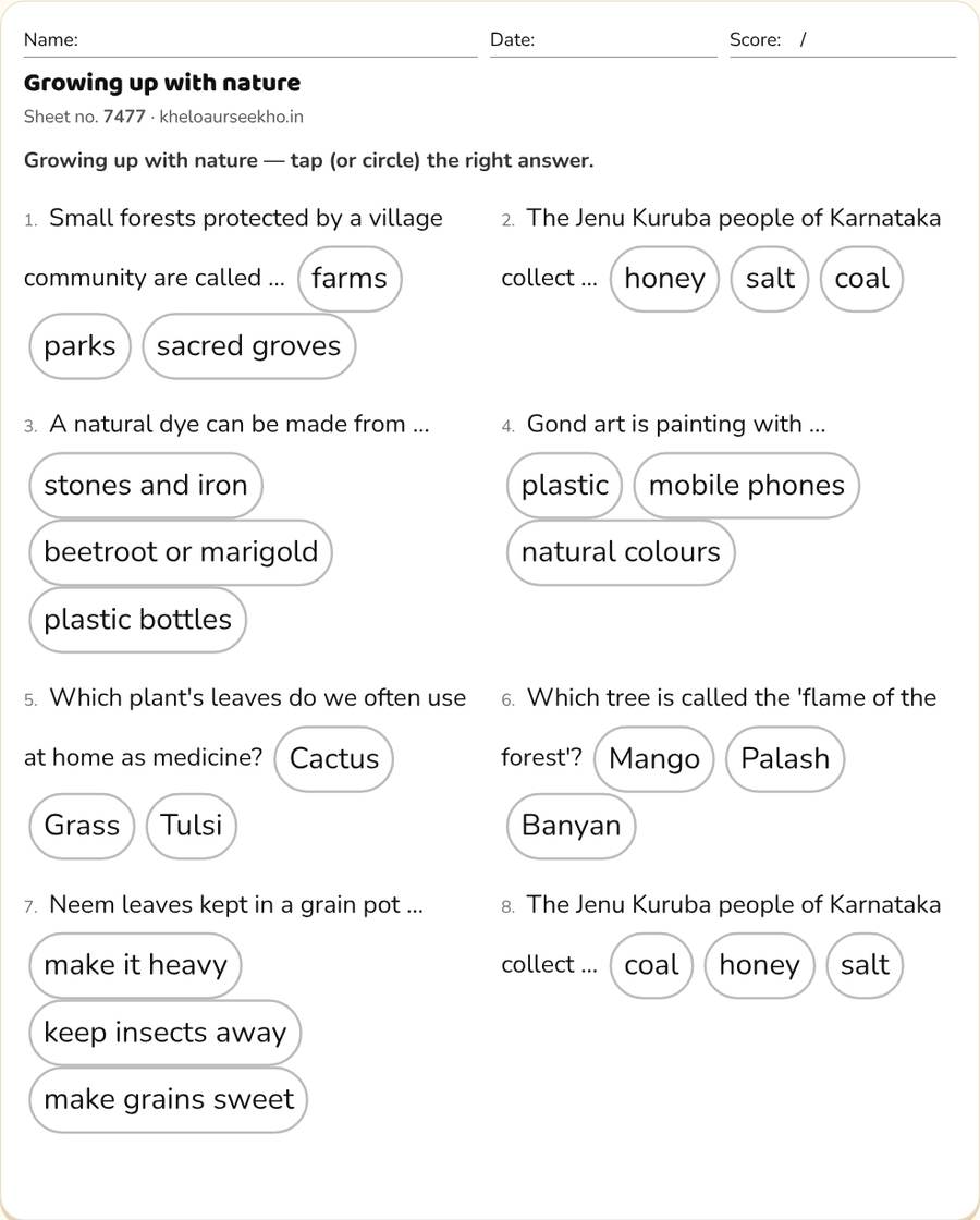 Growing up with nature Worksheet for Class 4 — printable preview