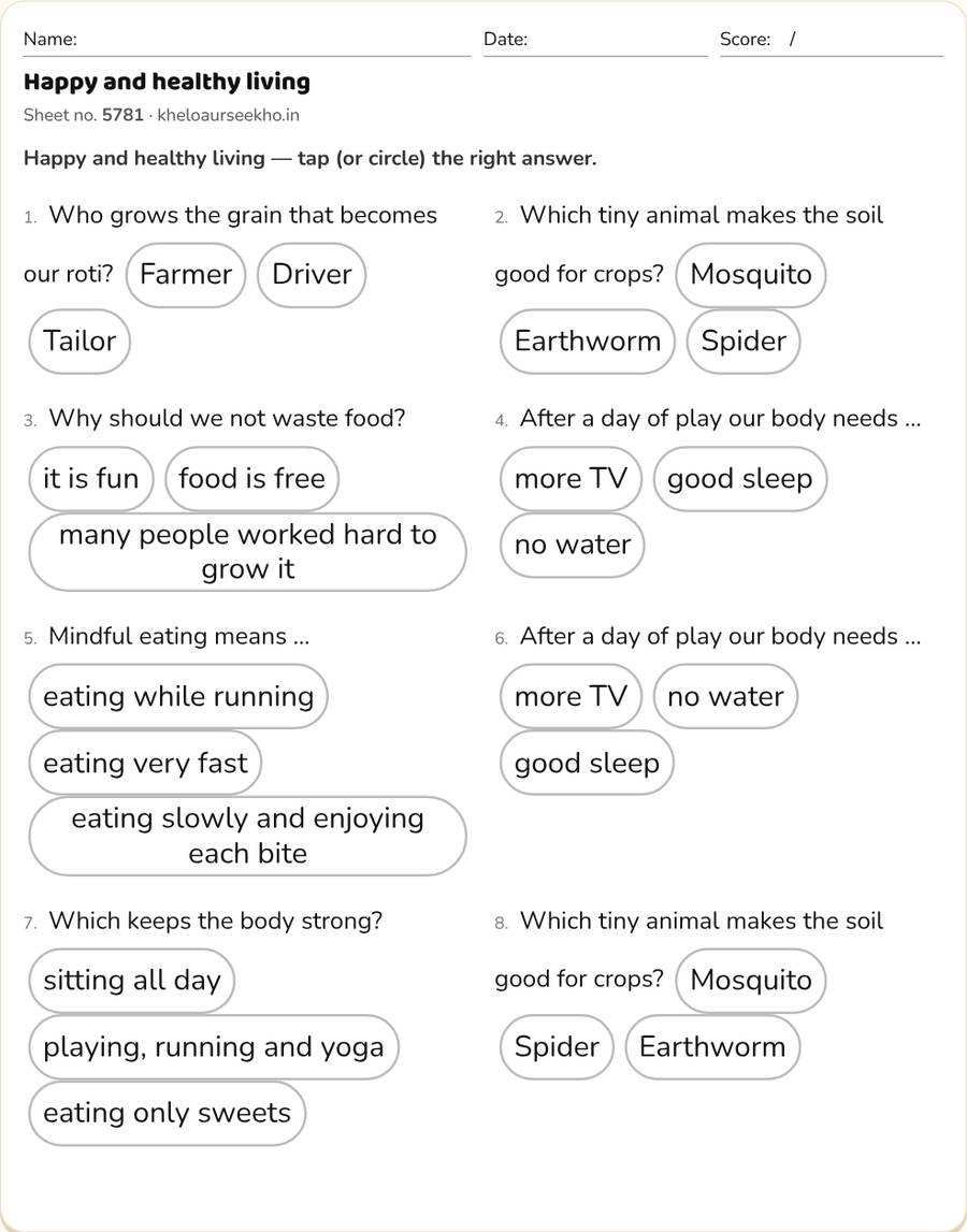 Happy and healthy living Worksheet for Class 4 — printable preview