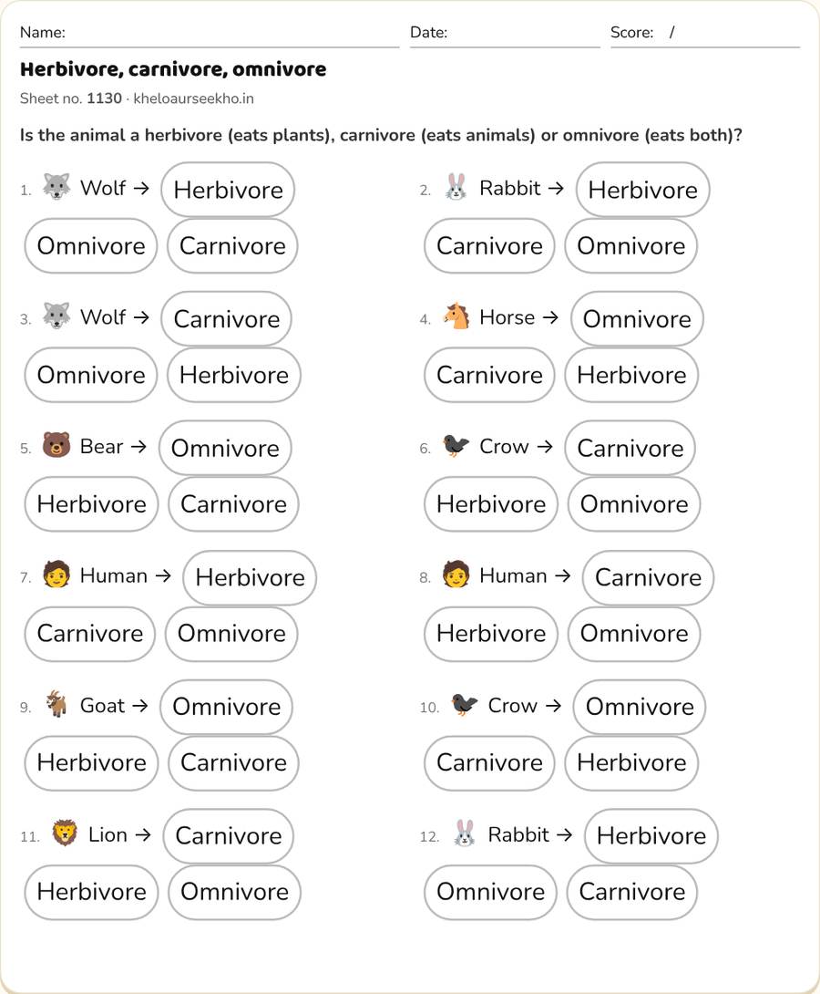 Herbivore, carnivore, omnivore Worksheet for Class 4 — printable preview