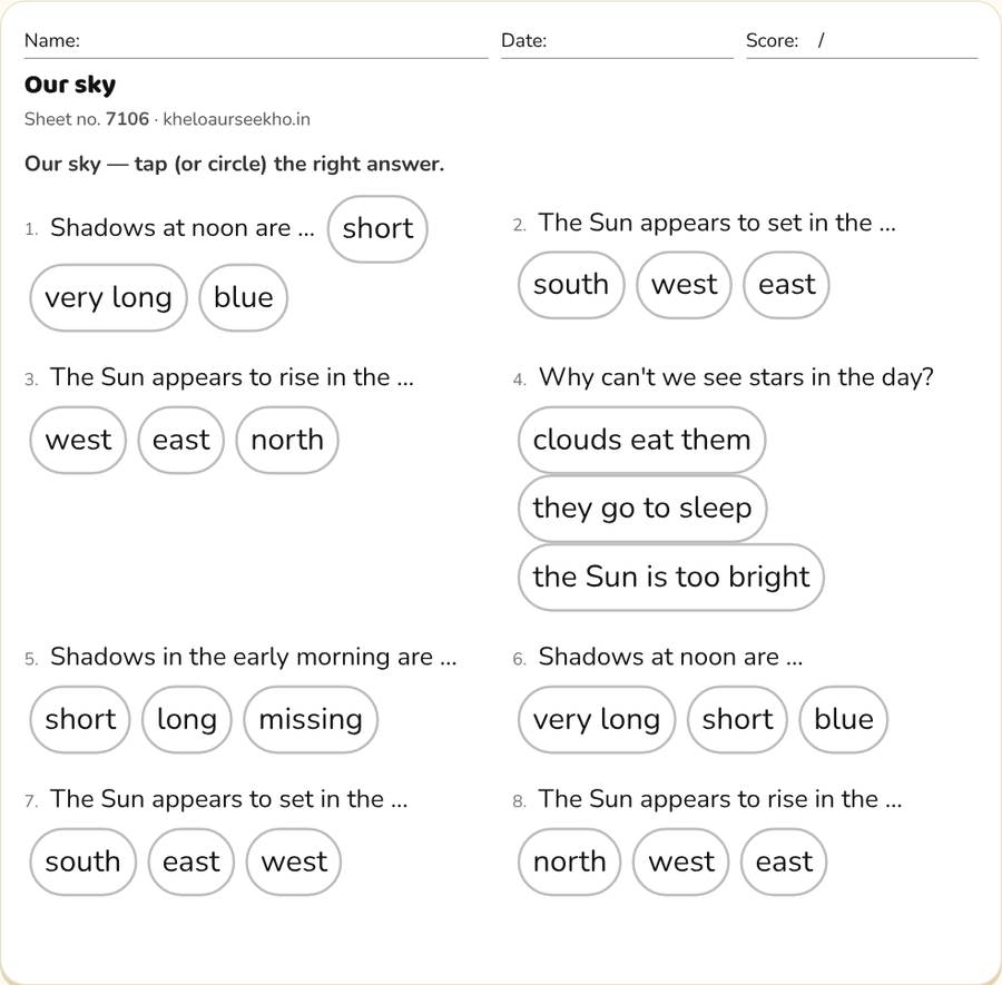 Our sky Worksheet for Class 4 — printable preview