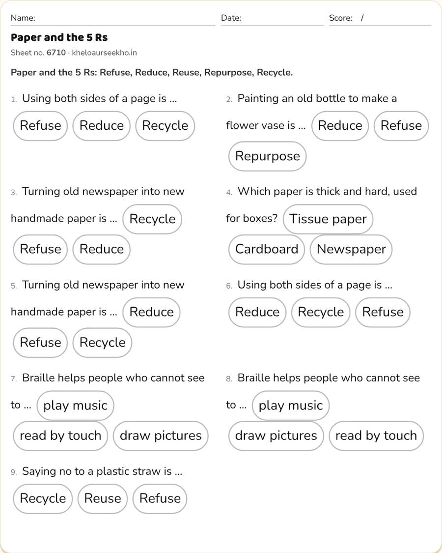 Paper and the 5 Rs Worksheet for Class 4 — printable preview