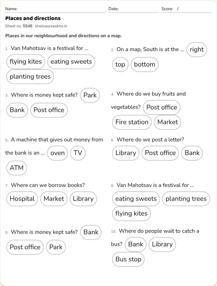 Places and directions Worksheet for Class 4 — printable preview