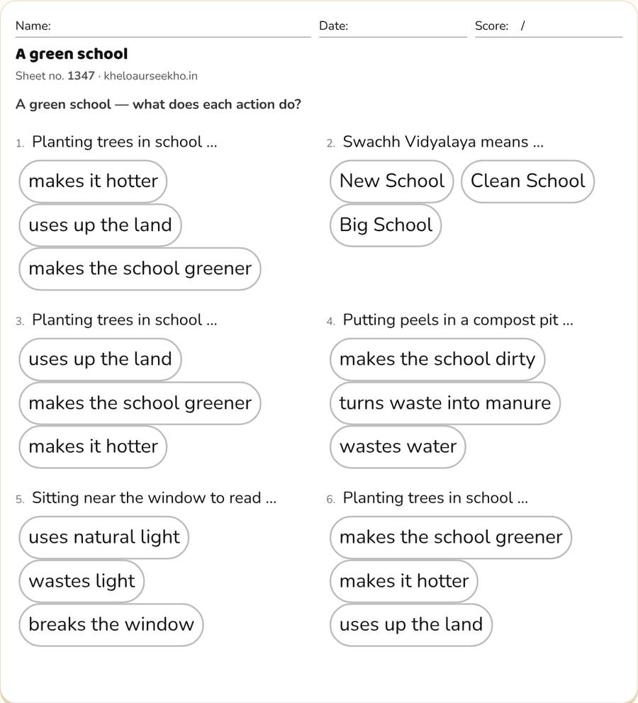 A green school Worksheet for Class 5 — printable preview