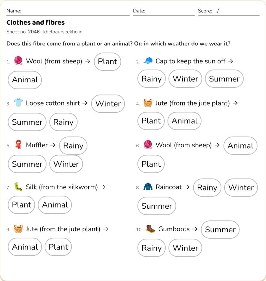 Clothes and fibres Worksheet for Class 5 — printable preview