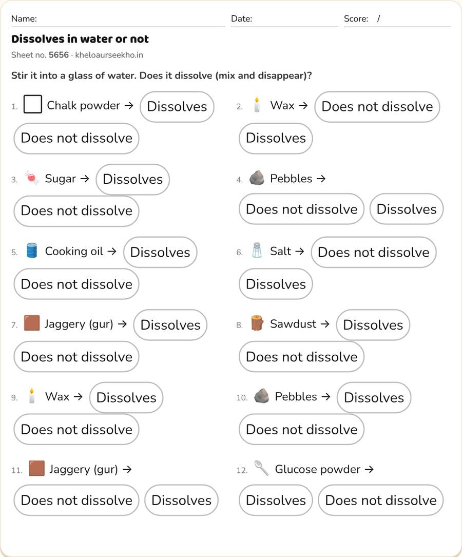 Dissolves in water or not Worksheet for Class 5 — printable preview