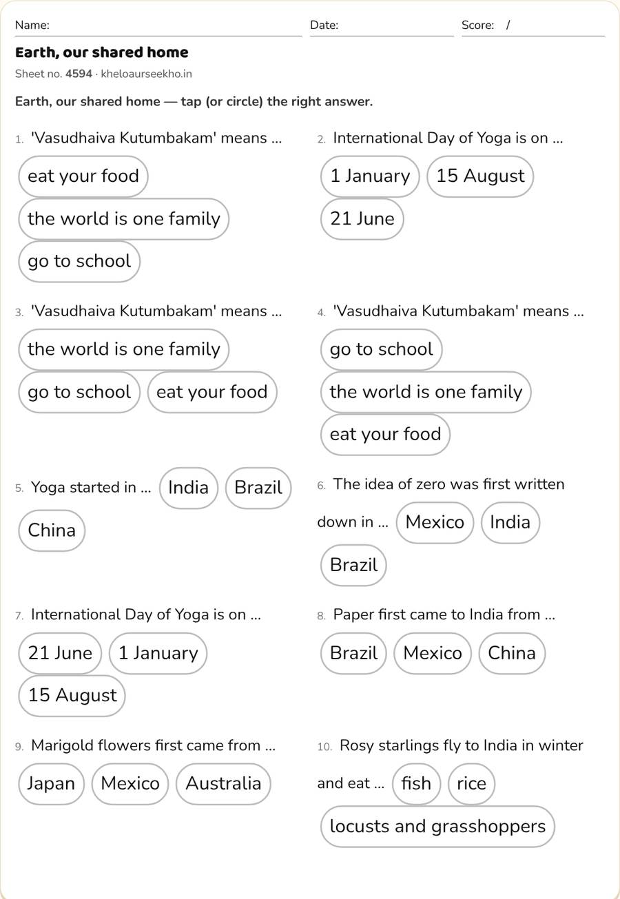 Earth, our shared home Worksheet for Class 5 — printable preview