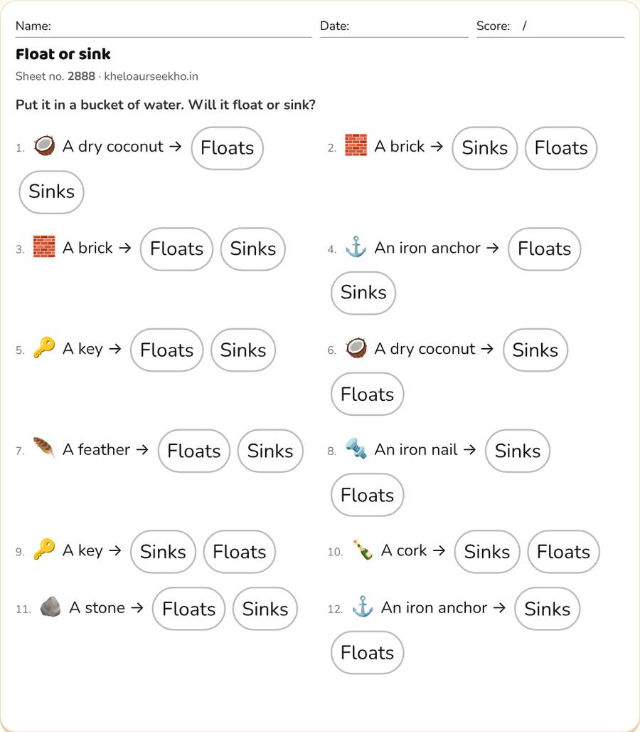 Float or sink Worksheet for Class 5 — printable preview