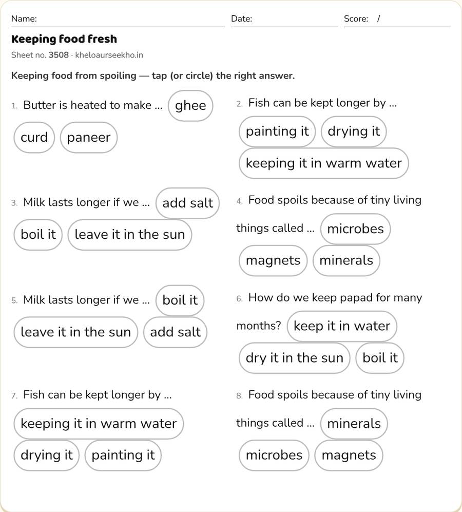 Keeping food fresh Worksheet for Class 5 — printable preview