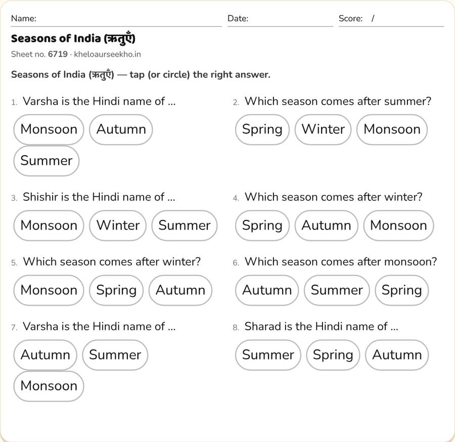 Seasons of India (ऋतुएँ) Worksheet for Class 5 — printable preview