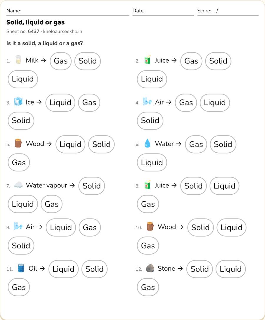 Solid, liquid or gas Worksheet for Class 5 — printable preview