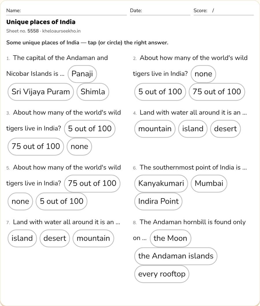 Unique places of India Worksheet for Class 5 — printable preview