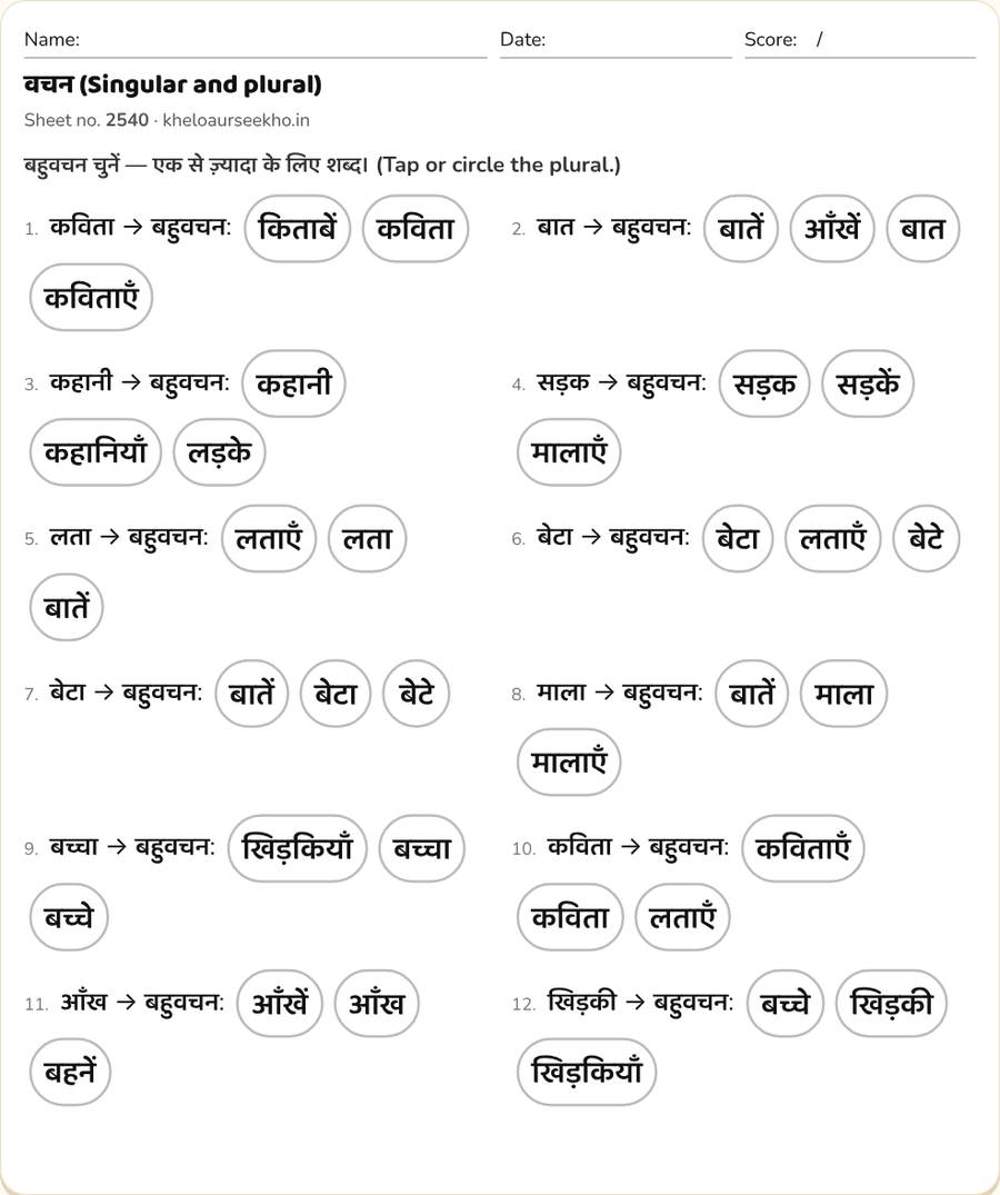 वचन (Singular and plural) Worksheet for Class 2–5 — printable preview