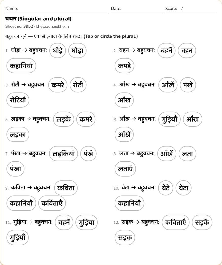Hindi Grammar Worksheets for Class 2 to 5 — printable preview